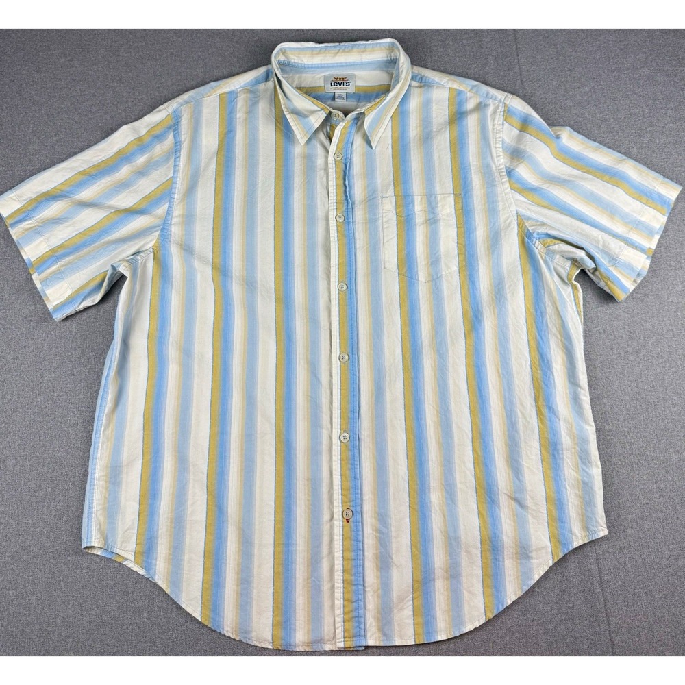 Levis Mens XXL Short Sleeve Button Up Shirt Blue Yellow Stripe Red Tab Casual